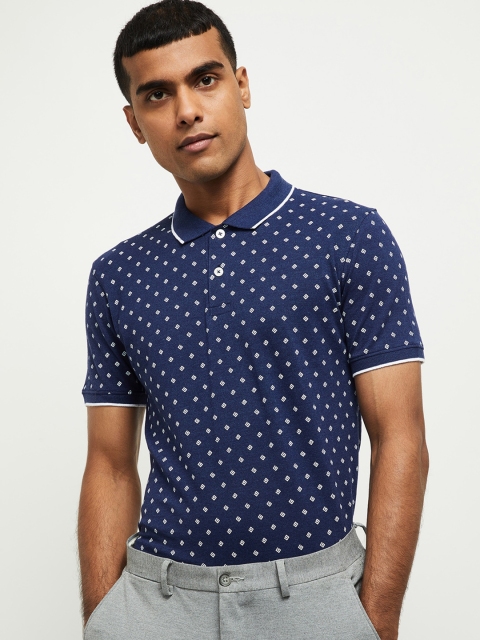 

max Men Navy Blue & White Printed Slim Fit Polo Collar T-shirt