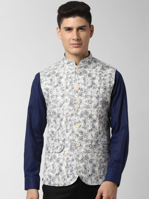 

Peter England Elite Men Off White & Blue Woven Design Nehru Jacket