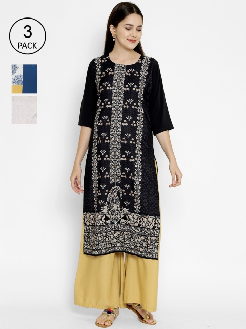 

7Threads Women Multicoloured Ethnic Motifs Printed Crepe Kurta Pack of 3, Multi