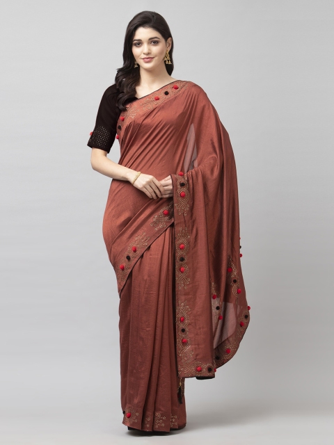 

Satrani Brown Brown Poly Silk Embellished Saree With Unstitched Blouse