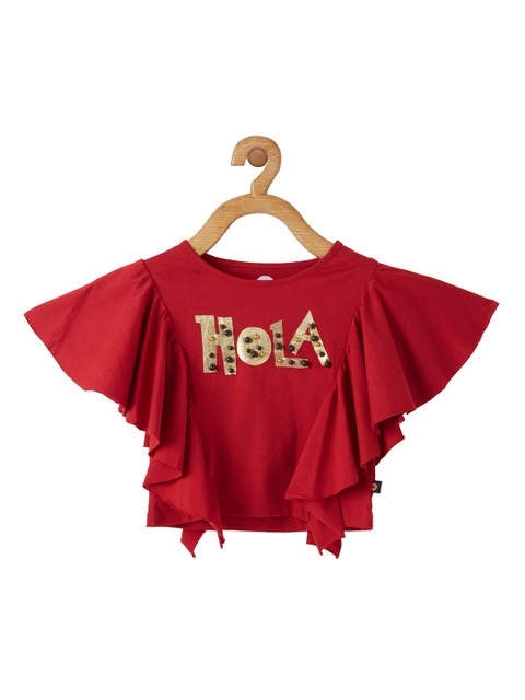 

VITAMINS Red & Gold Printed Flutter Sleeves Pure Cotton Top
