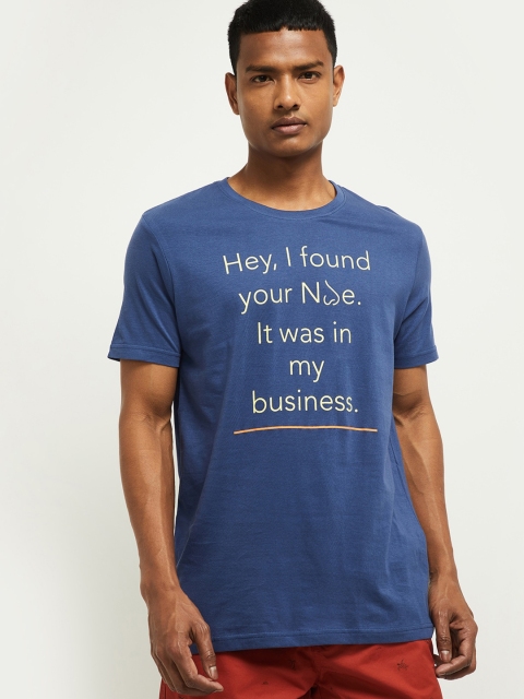 

max Men Blue Printed Round Neck T-shirt