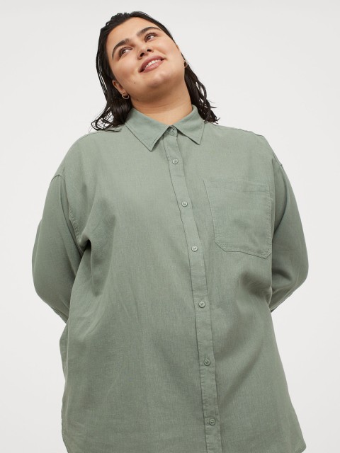 

H&M Women Green Linen Blend Shirt