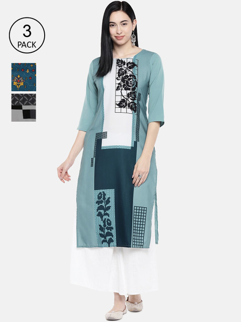 

7Threads Multicoloured Ethnic Motifs Printed Crepe Kurta Pack of 3, Multi