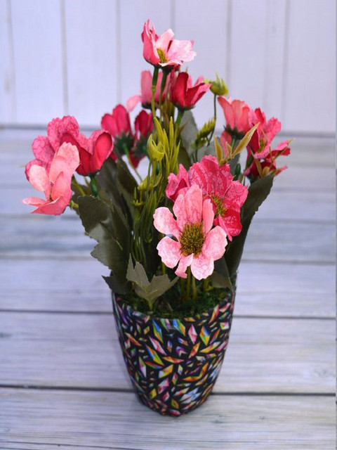 

fancy mart Green & Pink Artificial Chrysenthum Flower With Diamond Pot