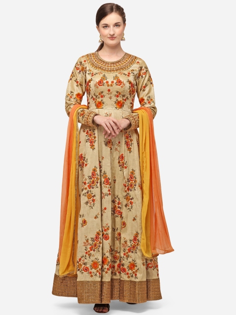 

NAKKASHI Gold-Toned & Orange Raw Silk Semi-Stitched Dress Material