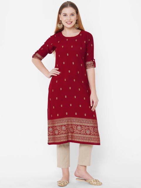 

TANKHI Red & Gold Floral Printed Kurta
