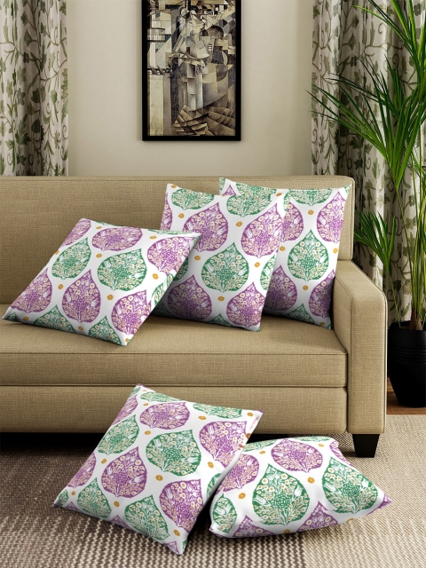 

NEUDIS Set of 5 White & Purple Ethnic Motifs Square Cushion Covers