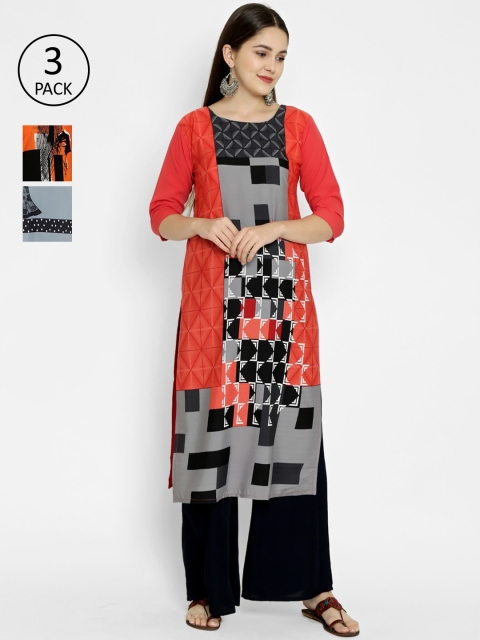 

7Threads Pack Of 3 Digital Printed Crepe Kurtas, Multi