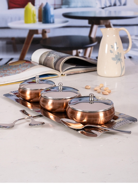 

Roxx Metal Bowl with Tray & Spoon Set 7 pcs, Brown