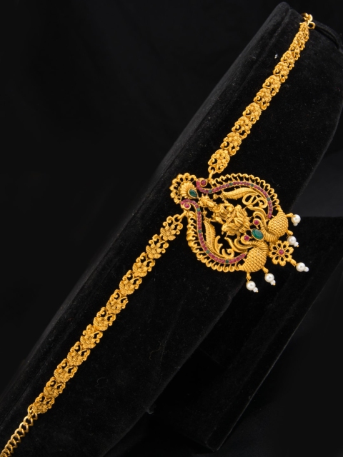 

Alankruthi Gold-Plated Pink & Green Stone-Studded Beaded Peacock Kamarbandh