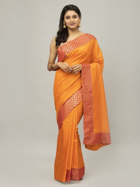 

Satrani Orange & Red Poly Silk Woven Design Banarasi Saree