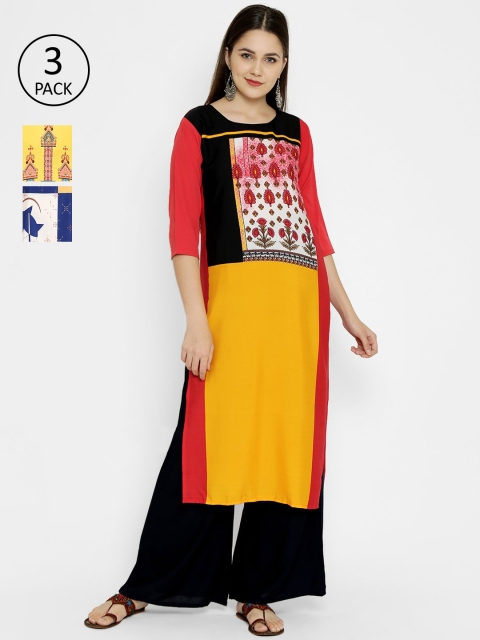 

7Threads Pack of 3 Ethnic Motifs Printed Crepe Kurta, Multi