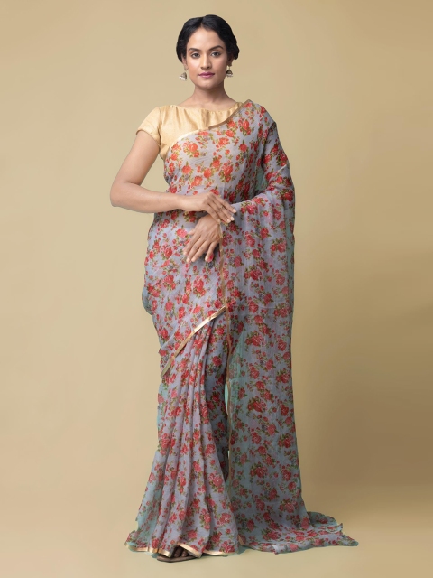 

Unnati Silks Grey & Red Pure Chiffon Printed Handloom Patola Saree