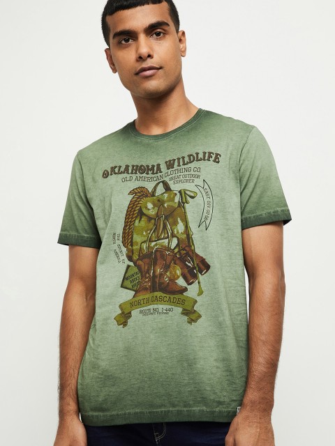 

max Men Green Printed Round Neck Pure Cotton T-shirt