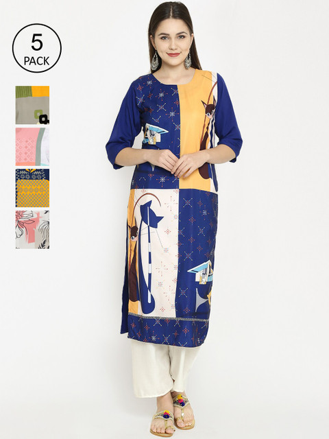 

7Threads Pack of 5 Printed Crepe Straight Kurtas, Multi