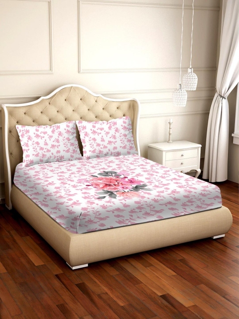 

BELLA CASA White & Pink Floral 300 TC Cotton 1 King Bedsheet with 2 Pillow Covers