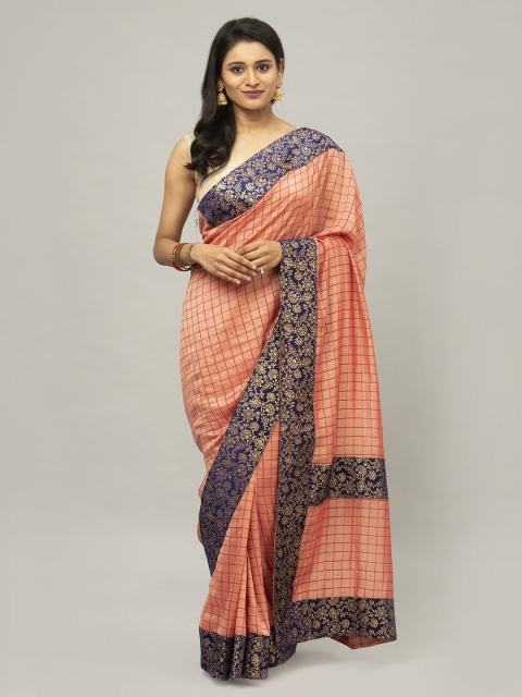 

Satrani Peach-Coloured Checked Embellished Banarasi Saree