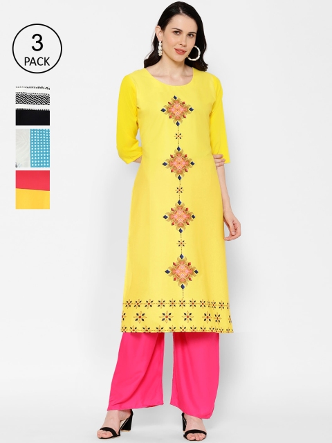 

7Threads Pack of 3 Printed Crepe Straight Kurtas, Yellow