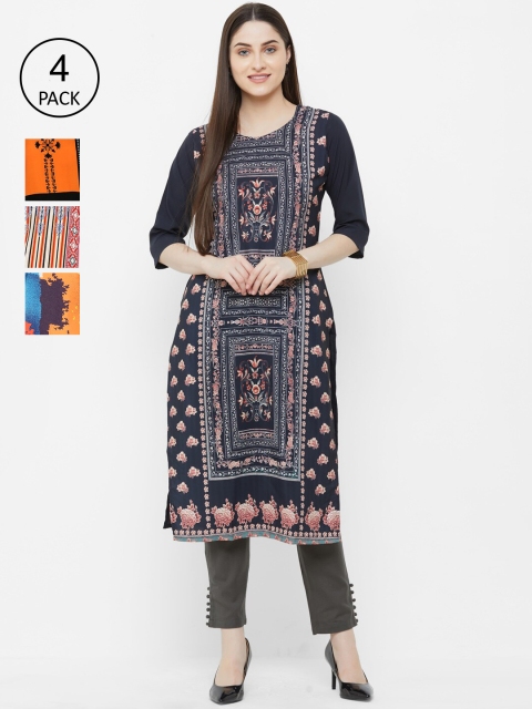 

7Threads Pack of 4 Printed Crepe Straight Kurtas, Multi