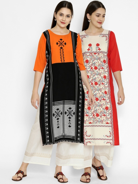 

7Threads Multicoloured Pack of 2 Floral Printed Crepe Kurta, Multi