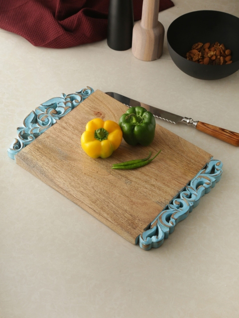 

Amoliconcepts Brown Solid Hand Carved Turq Finish Wooden Chopping Board