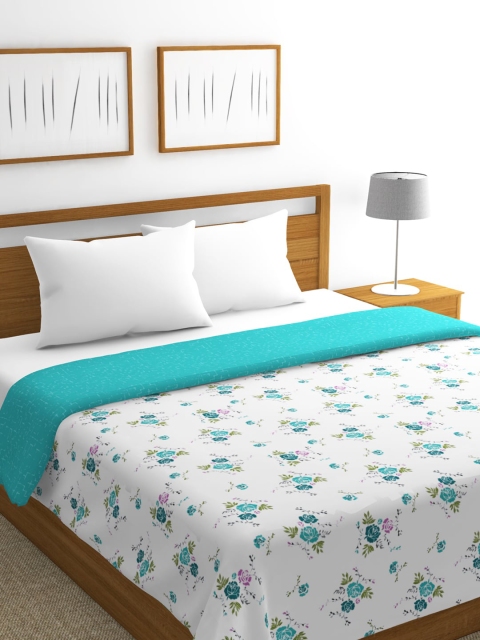 

BIANCA White & Turquoise Blue Floral AC Room 300 GSM Cotton Muslin Double Bed Dohar