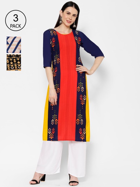 

7Threads Women Multicoloured Colourblocked Crepe Kurta Set of 3, Multi