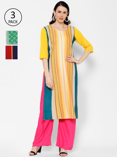 

7Threads Pack of 3 Printed Crepe Kurta, Multi