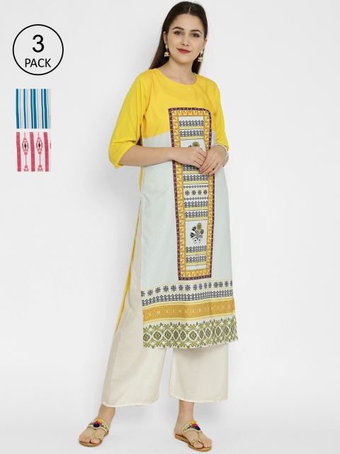 

7Threads Pack Of 3 Multicoloured Quirky Printed Crepe Kurta, Multi