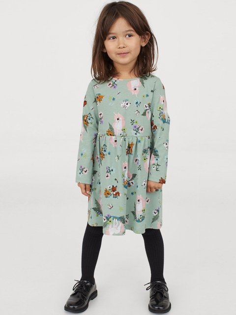 

H&M Girls Green Printed Cotton jersey dress