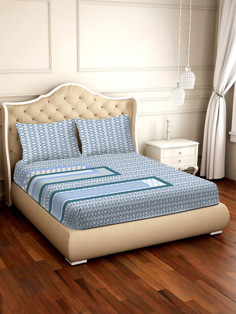 

BELLA CASA Blue & White Geometric 300 TC Cotton 1 King Bedsheet with 2 Pillow Covers
