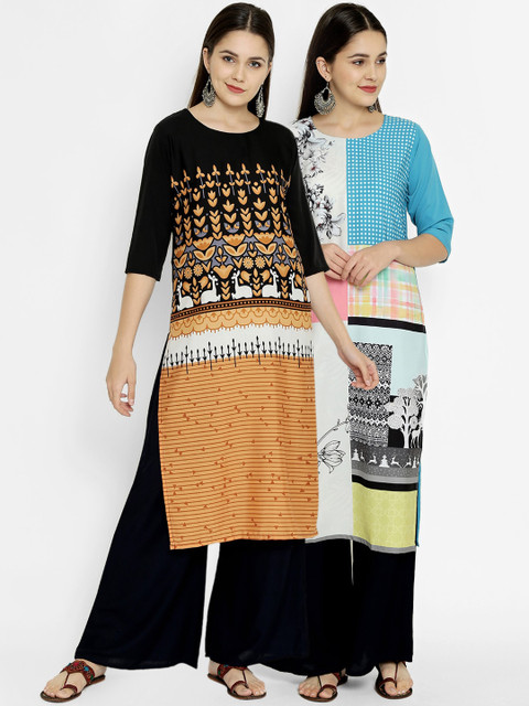 

7Threads Pack of 2 Printed Crepe Kurtas, Blue