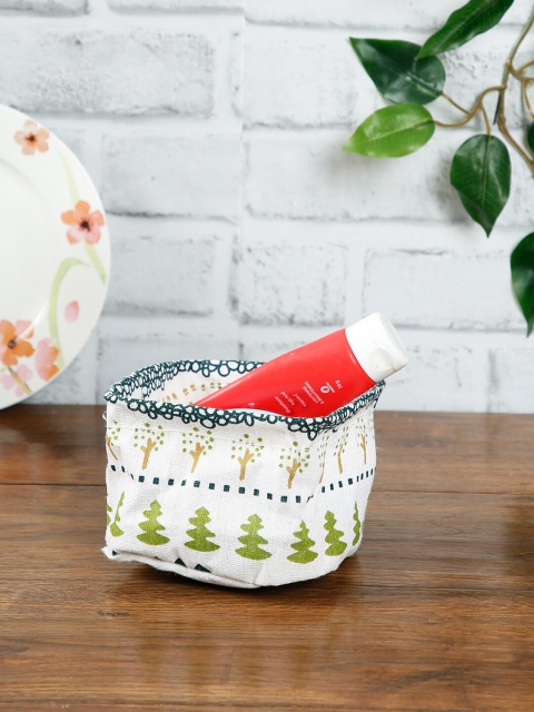 

House Of Accessories White & Green Printed Storage Basket