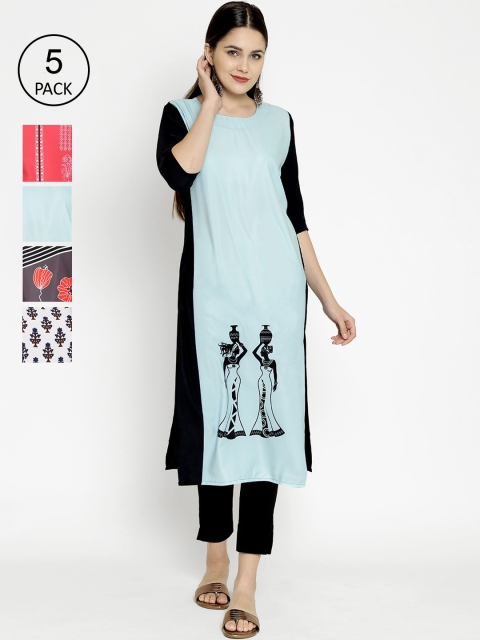 

7Threads Pack of 5 Printed Crepe Straight Kurtas, Blue