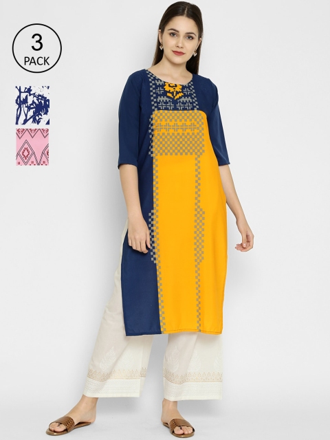 

7Threads Women Multicoloured Colourblocked Crepe Kurta Pack of 3, Multi