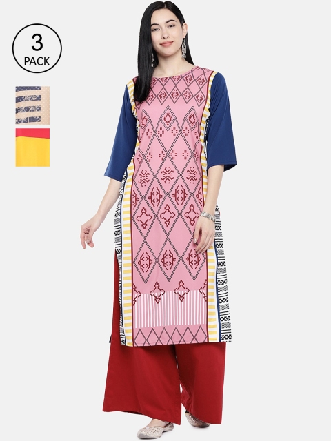 

7Threads Women Multicoloured Colourblocked Crepe Kurta Pack of 3, Multi