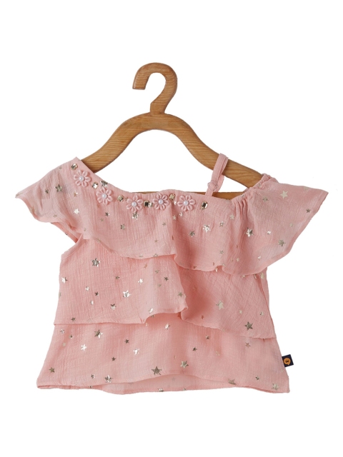 

VITAMINS Girls Pink Embellished Flared Sleeves Tiered Top