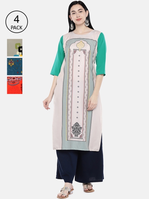 

7Threads Pack of 4 Printed Crepe Straight Kurtas, Off white