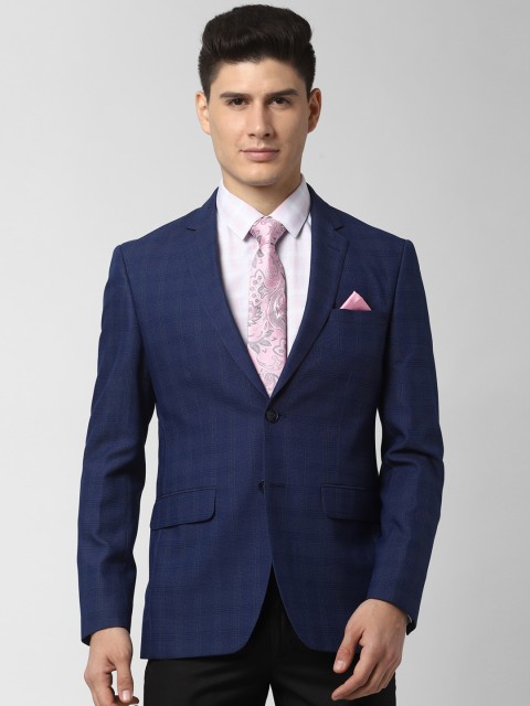 

Peter England Elite Men Navy Blue Checked Slim-Fit Single-Breasted Blazer