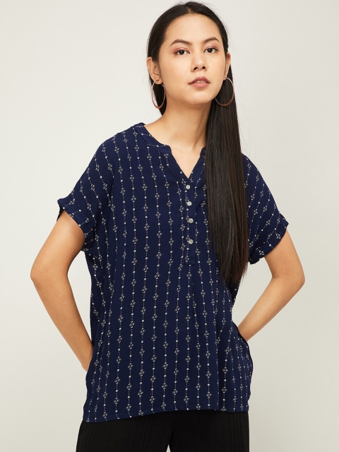 

Fame Forever by Lifestyle Navy Blue Printed Mandarin Collar Top