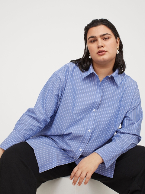 

H&M+ Women Blue & White Striped Oversized Cotton Shirt