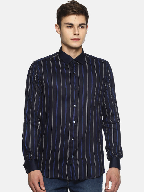 

COUPER & COLL Men Blue Slim Fit Striped Cotton Casual Shirt
