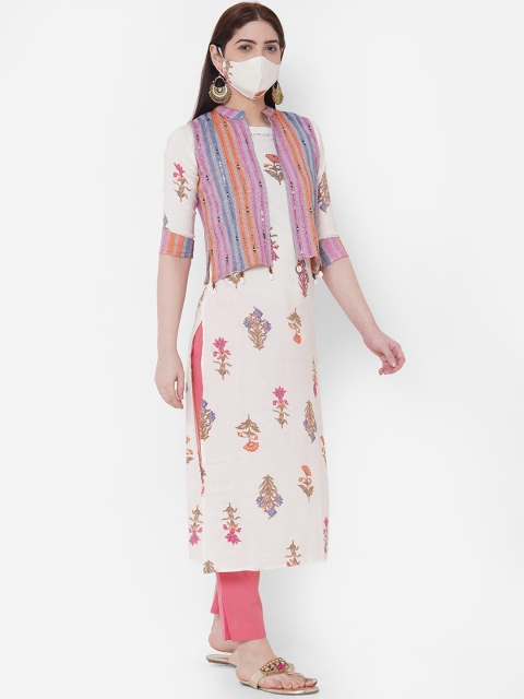 

FASHOR Women Off White Floral Printed Kurta