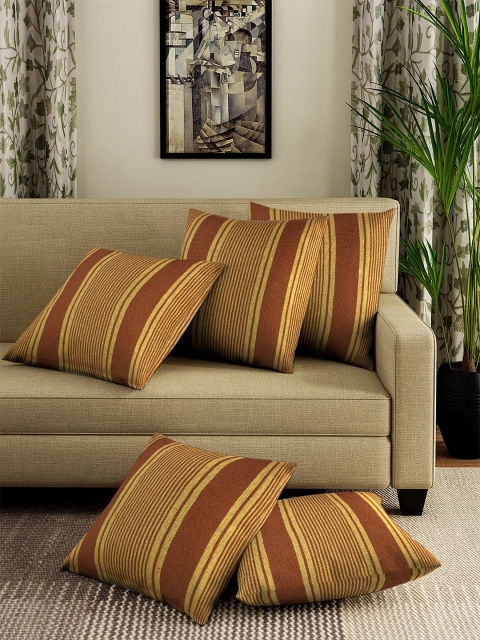 

NEUDIS Yellow & Brown Set of 5 Striped Square Cushion Covers