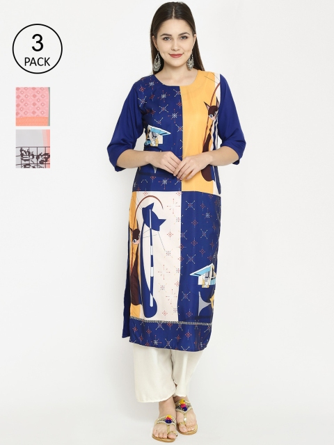 

7Threads Women Pack of 3 Multicoloured Ethnic Motifs Printed Kurtas, Multi