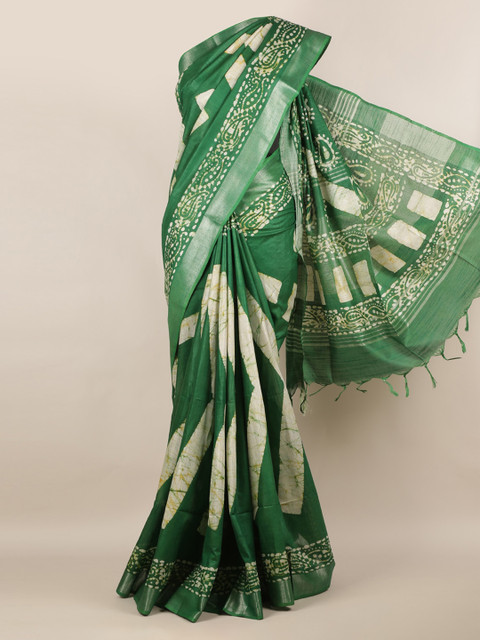

Pothys Green & Off-White Linen Blend Printed Saree