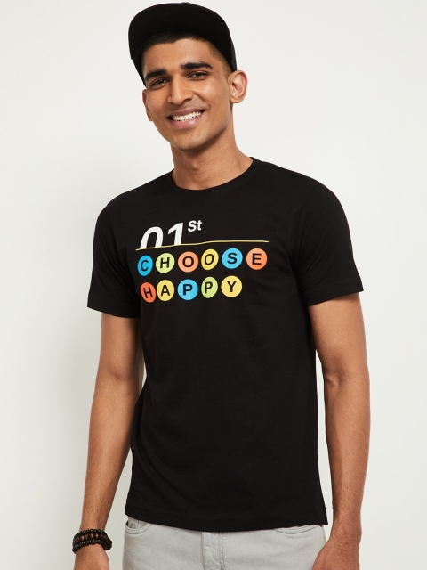 

max Men Black Printed Round Neck T-shirt