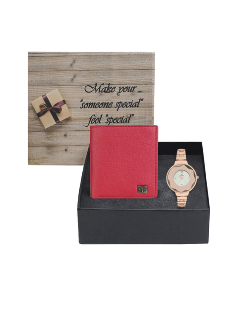 

Hobforestessentials Women Rose Gold-Toned & Red Watch & Wallet Gift Set FR20-104