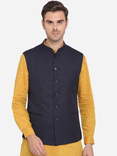 

Greenfibre Men Blue Woven Design Nehru Jacket